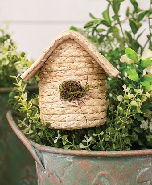 Picture of Natural Woven Seagrass Mossy Round Birdhouse Pick