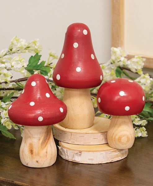 Picture of Red & White Dotted Wooden Mushrooms, 3/Set