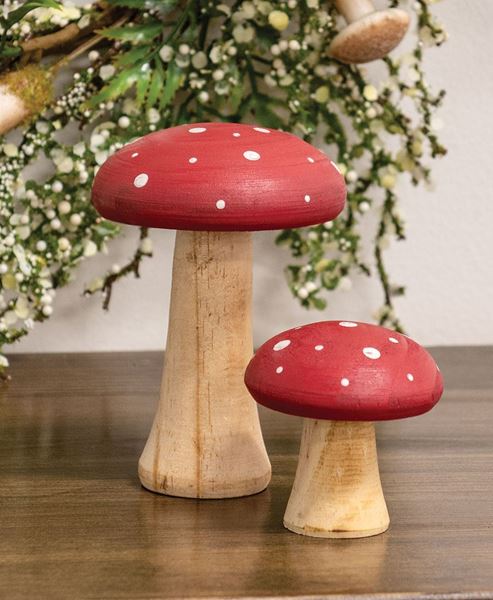 Picture of White Dotted Red Wooden Mushrooms, 2/Set