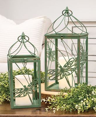 Picture of Distressed Green Metal Dragonfly Lanterns, 2/Set