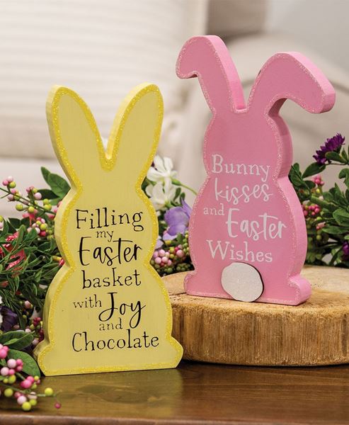 Picture of Bunny Kisses/Joy and Chocolate Wooden Bunny Sitter, 2 Asstd.