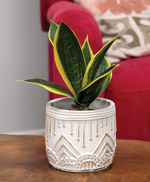 Picture of Gold Distressed White Aztec Embossed Cement Planter