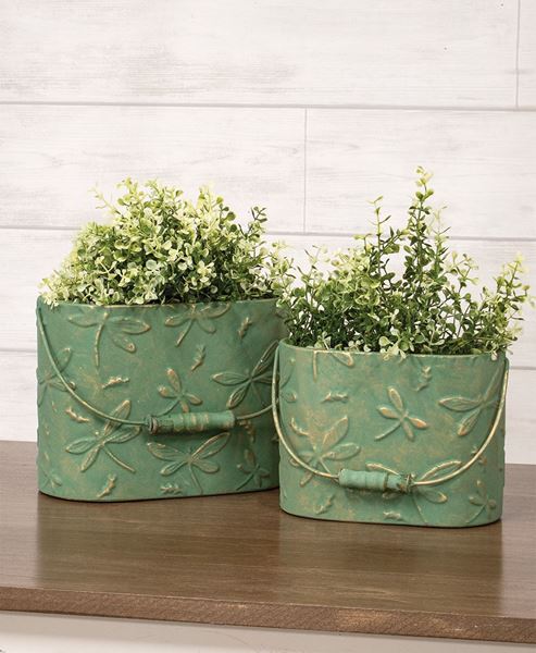 Picture of Dragonfly Embossed Distressed Green Metal Oval Buckets - 2/Set