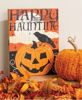 Weathered Wood Happy Haunting Jack & Crow Sign