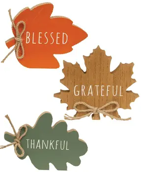 Thankful Grateful Blessed Leaf Wood Sitter, 3 Asstd.