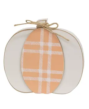 Cream & Orange Plaid Wooden Pumpkin Sitter, 2 Asstd.