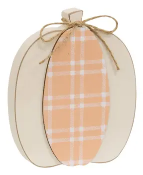 Cream & Orange Plaid Wooden Pumpkin Sitter, 2 Asstd.