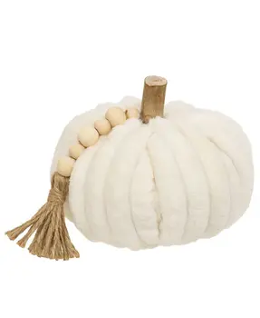 Cream Ribbed Pumpkin w/Beaded Tassel, Medium