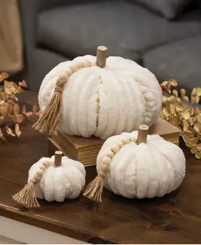 Cream Ribbed Pumpkin w/Beaded Tassel, Large