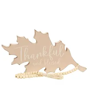 Thankful and Blessed Wooden Leaf Sitter w/Beads