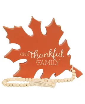 One Thankful Family Orange Wooden Leaf Sitter w/Beads