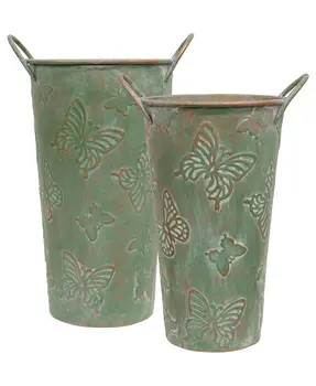 Green Copper Finish Butterfly Embossed French Buckets, 2/Set