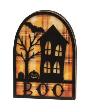 Boo & Spooky House Silhouette Plaid Background Wooden Sitter