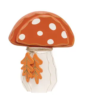 Distressed Chunky Wooden Mushroom w/Leaves Sitter