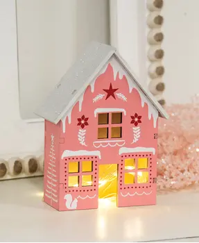 Frosty Pink Yuletide Folklore Wooden House