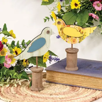 Cottage Rose Distressed Wooden Bird on Spool - 2 Asstd., 38981