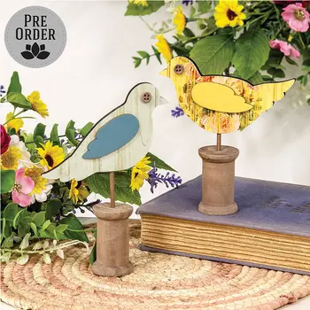 Cottage Rose Distressed Wooden Bird on Spool - 2 Asstd., 38981