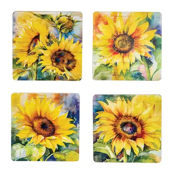4/Set - Watercolor Sunflower Coasters & Holder, 39038