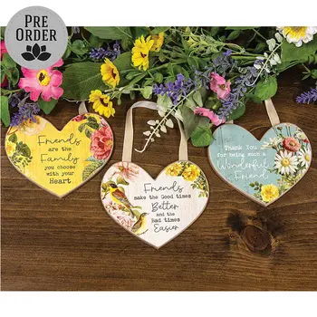 Vintage Floral Friendship Wooden Heart Ornament - 3 Asstd., 39047