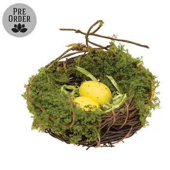 Mossy Twig Bird Nest w/Speckled Yellow Eggs - 3-1/2 In, QE152650