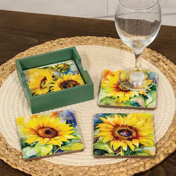 4/Set - Watercolor Sunflower Coasters & Holder