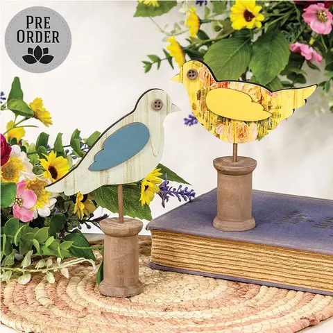 Cottage Rose Distressed Wooden Bird on Spool - 2 Asstd., 38981