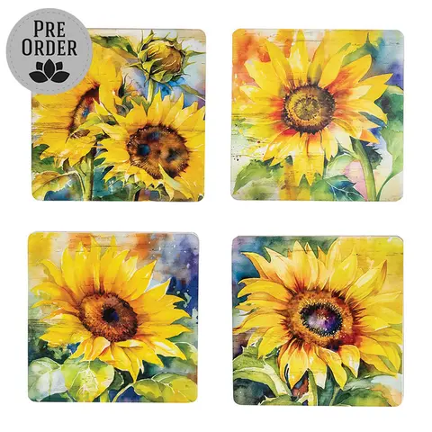4/Set - Watercolor Sunflower Coasters & Holder, 39038