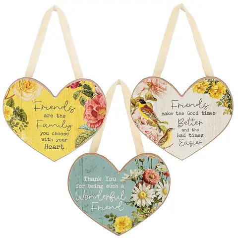 Vintage Floral Friendship Wooden Heart Ornament - 3 Asstd., 39047
