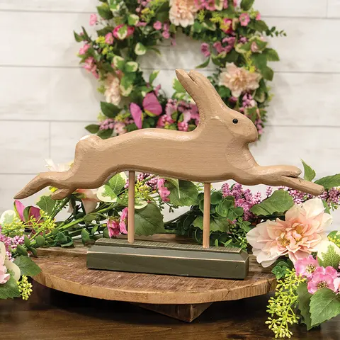 Distressed Wooden Leaping Bunny on Base