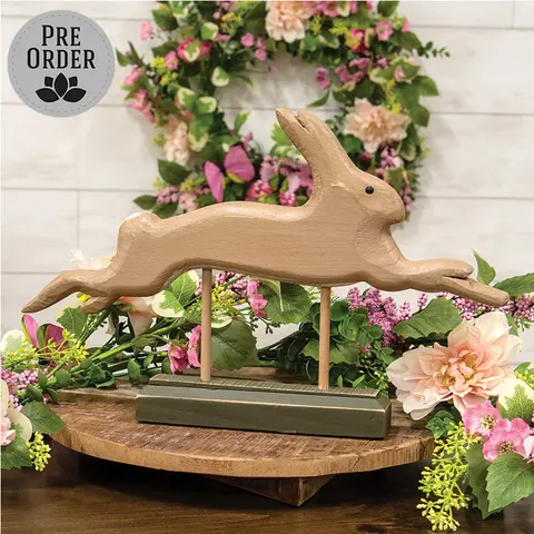Distressed Wooden Leaping Bunny on Base