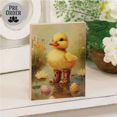 Duckling In Black & Yellow Polka Dot Rainboots Block - 4-1/2 In x 6 In, 51747