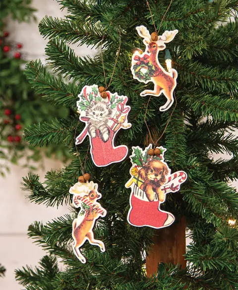 Retro Look Wooden Puppy, Kitten, & Reindeer Ornaments, 4/Set