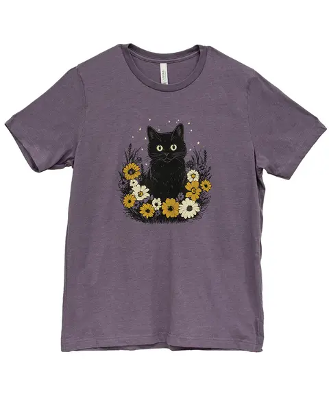 Floral Black Cat T-Shirt, Heather Purple, L201