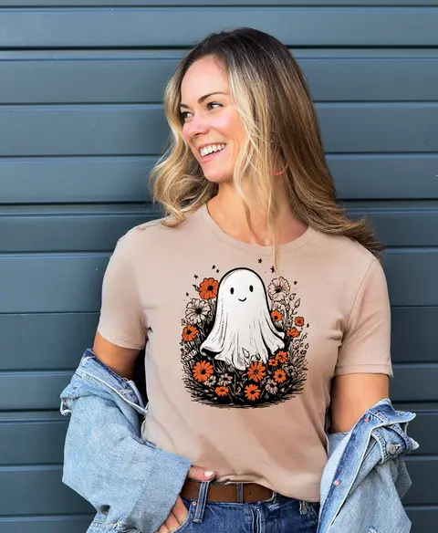 Floral Ghost T-Shirt, Heather Tan, L202