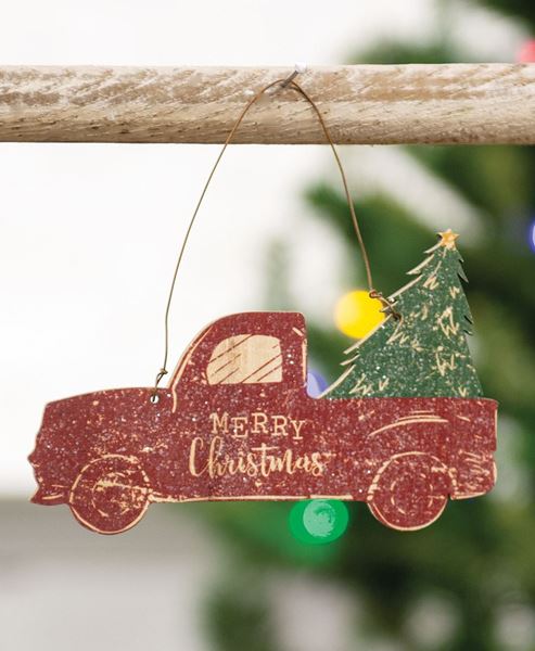 Picture of Glittered Wood Merry Christmas Truck Ornament