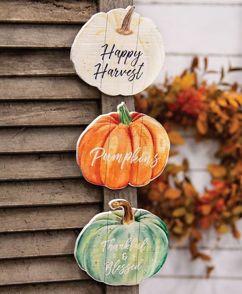 Picture of Fall Watercolor Pumpkin Wood Sign, 3 Asstd.