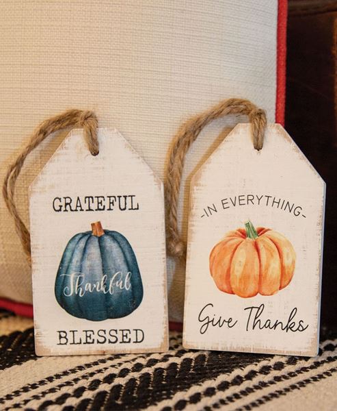 Picture of Thankful Pumpkin Wood Tag, 2 Asstd.