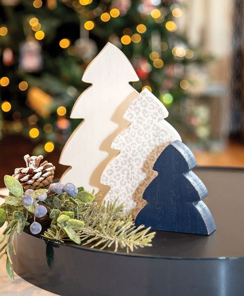 Picture of Blue, White & Fashion Print Chunky Christmas Trees, 3/Set