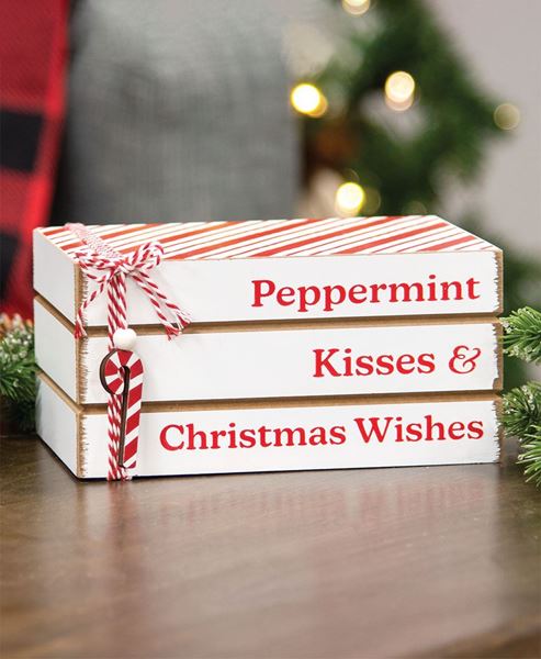 Picture of Peppermint Kisses & Christmas Wishes Wooden Book Stack