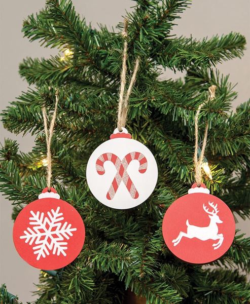 Picture of Sparkle Reindeer, Candy Canes, or Snowflake Wooden Bulb Ornament, 3 Asstd.