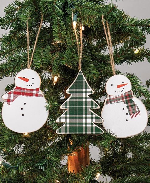 Picture of Plaid Christmas Tree & Snowmen Ornaments, 3/Set