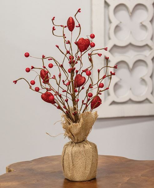 Picture of Red Glitter Heart & Berries Tree w/Burlap Base, 17"H