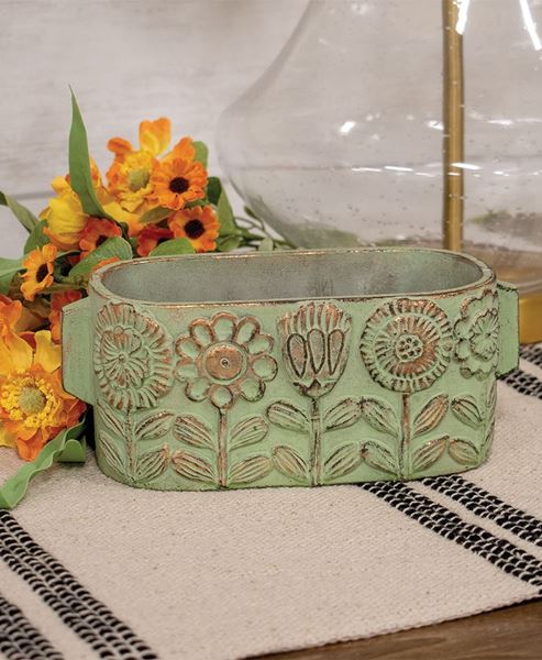 Picture of Flower Garden Embossed Distressed Green Cement Oval Planter