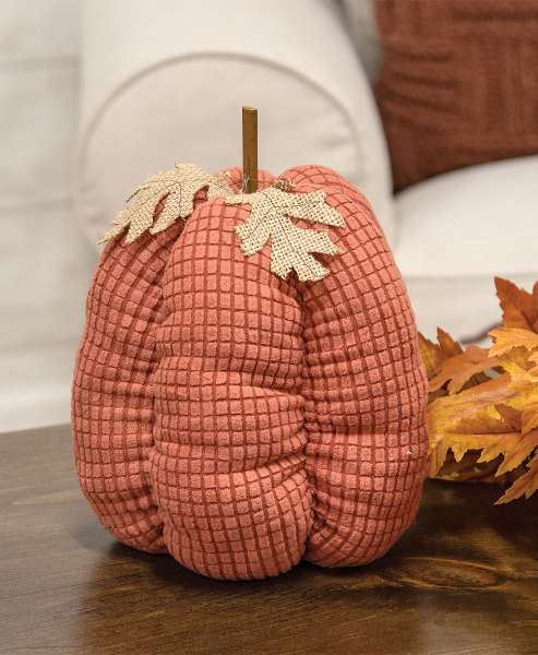 Picture of Stuffed Orange Waffle Weave Pumpkin w/Burlap Leaves, 9"H