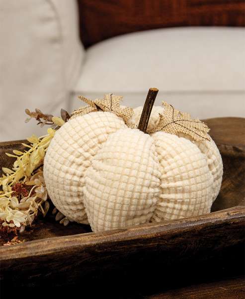 Picture of Ivory Waffle Weave Pumpkin w/Burlap Leaves, 7" Dia.