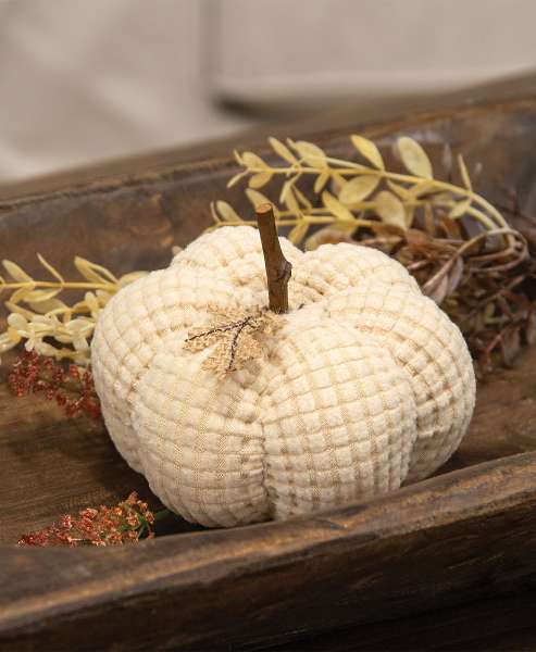 Picture of Ivory Waffle Weave Pumpkin w/Burlap Leaves, 4.75" Dia.