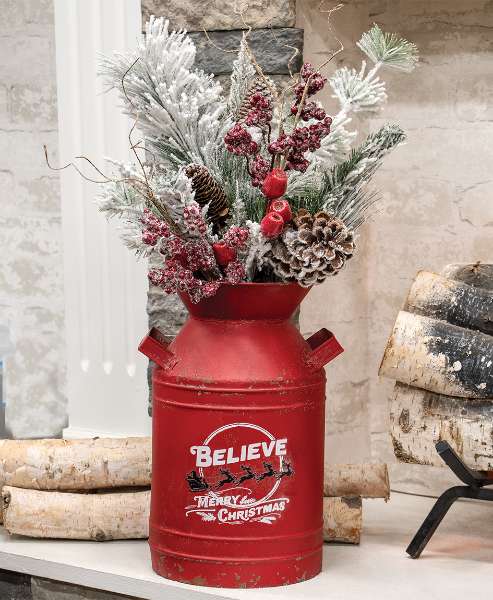 Picture of Distressed Red Metal Believe Santa & Reindeer Milk Can