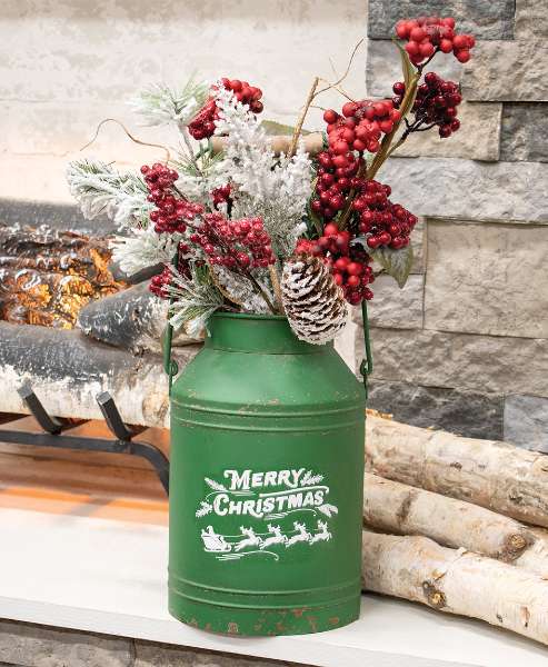 Picture of Distressed Green Metal Merry Christmas Santa & Reindeer Milk Can