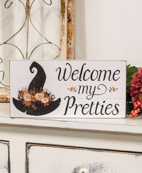 Picture of Welcome My Pretties Floral Witch Hat Box Sign