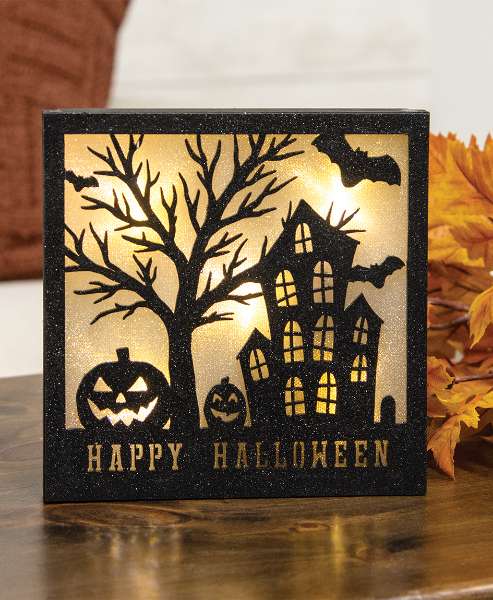 Picture of Black Sparkle Happy Halloween House Light Up Box Sign